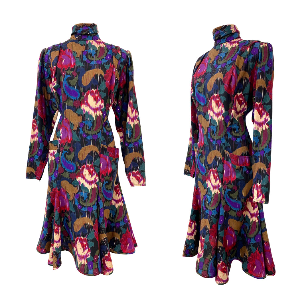 Vtg 80s Parisian Designer Emanuel Ungaro Abstract Paisley Print Floral Dress