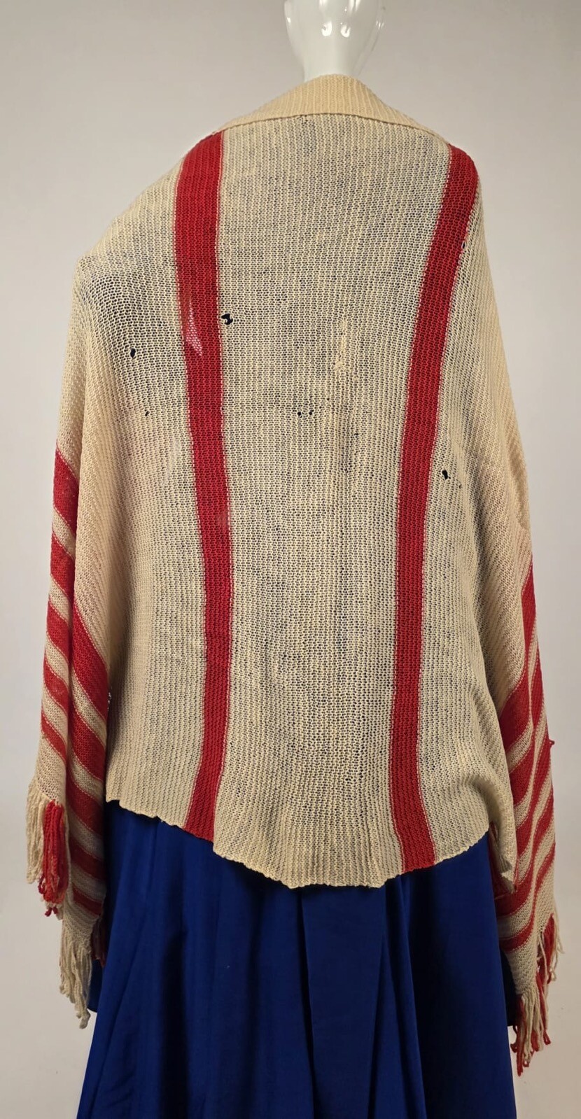 CIVIL WAR 1860’S RED + WHITE HAND KNIT WOOL SHAWL FOR DRESS W FRINGE EDGING