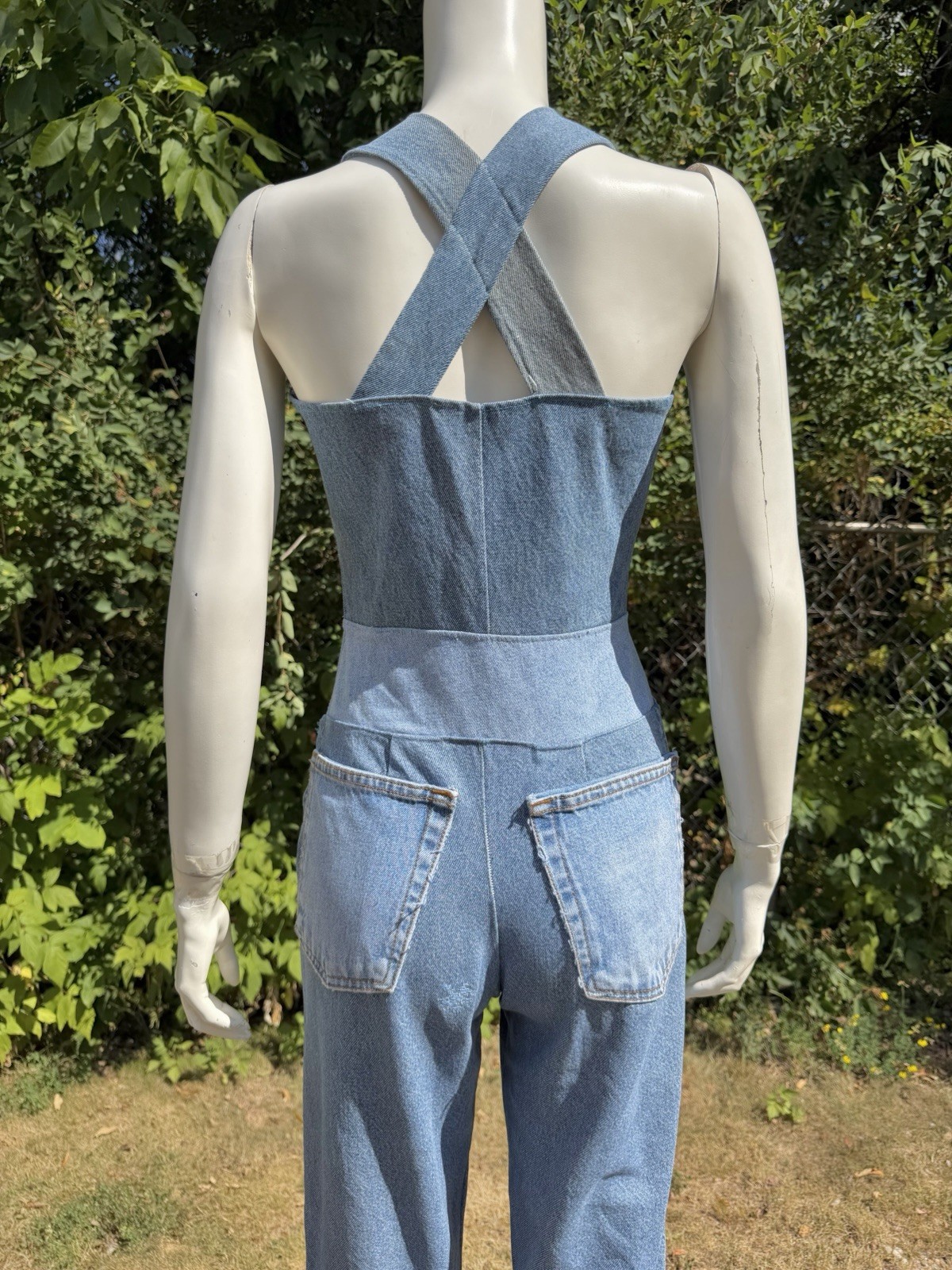 Vintage DENIM JUMPSUIT Patchwork 1980s 90s does 1940s Bib Overalls Distressed XS