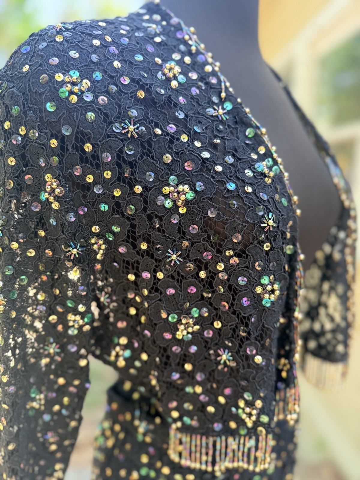 Vintage 1980s Vivienne Tam Crochet Lace Sequin Beaded Fringe Skirt Set