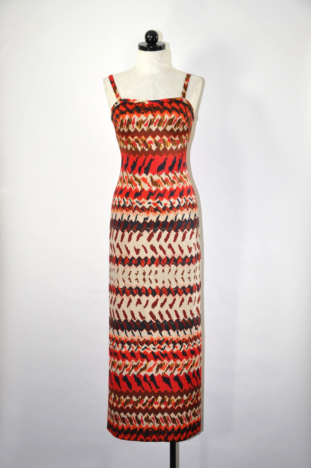 60s Vintage Red Orange Striped Bullet Bra Strapless Beach Cover Up Maxi Dress S