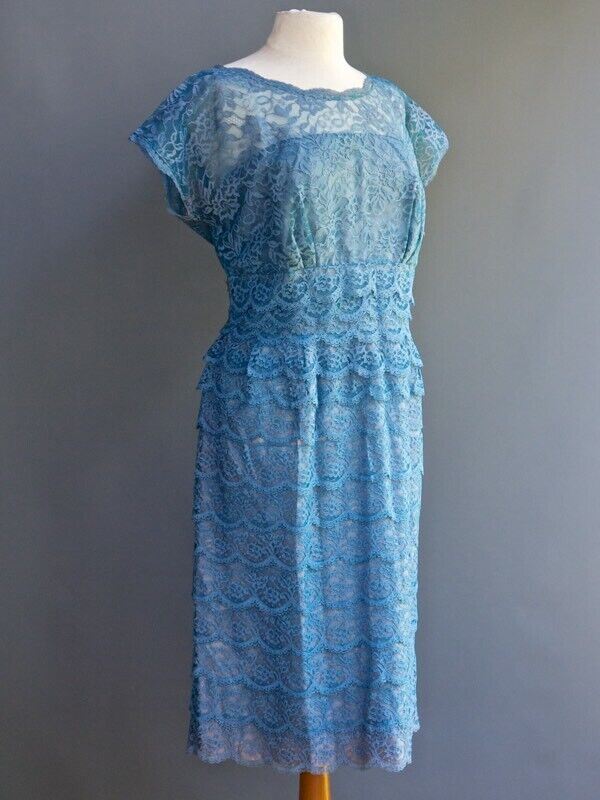 VTG 50s 60s Ferman O’Grady Blue Bombshell Pin Up Starlet Tiered Lace Dress L XL