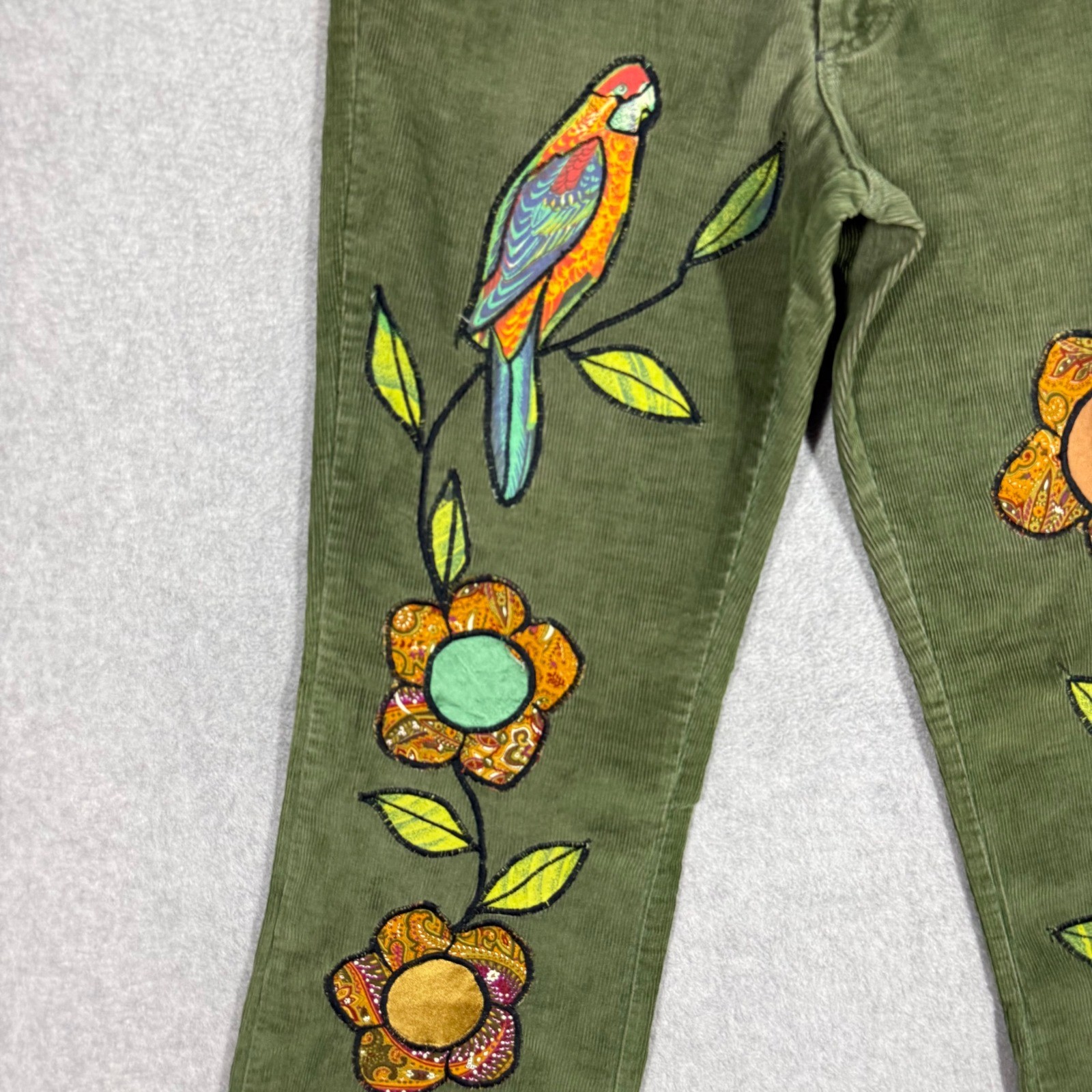 Vintage Lee Corduroy Pants 28×31 Green Boho Patchwork Floral Parrot Union Made