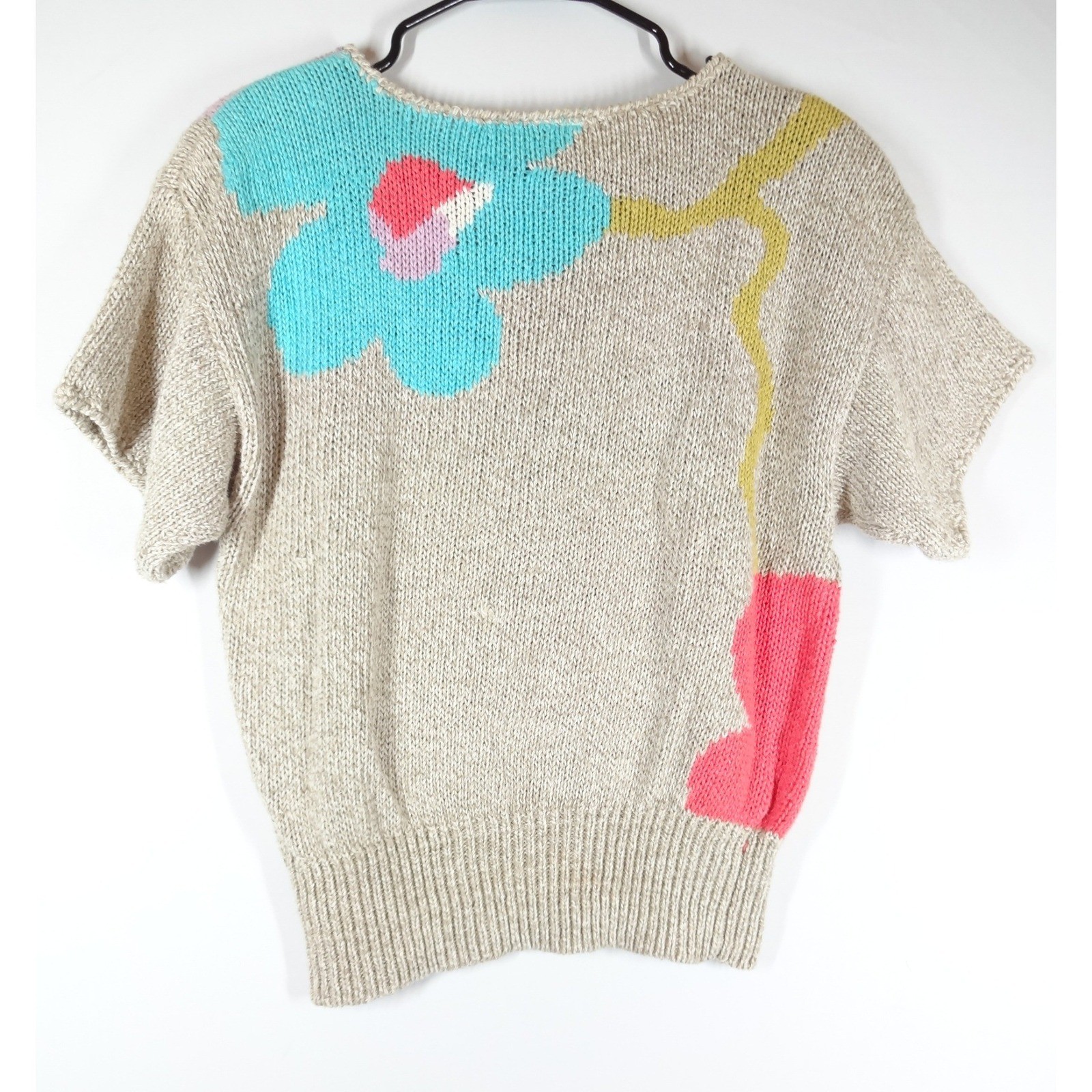 VTG Liz Claiborne Knit Top Womens Med Beige Floral Linen Cotton 80s Colorblock