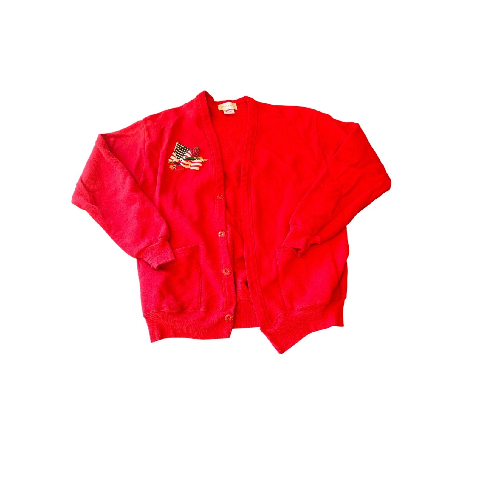 P.S. Originals Cardigan Red Americana Puff Print Fleece Button Front Made in USA
