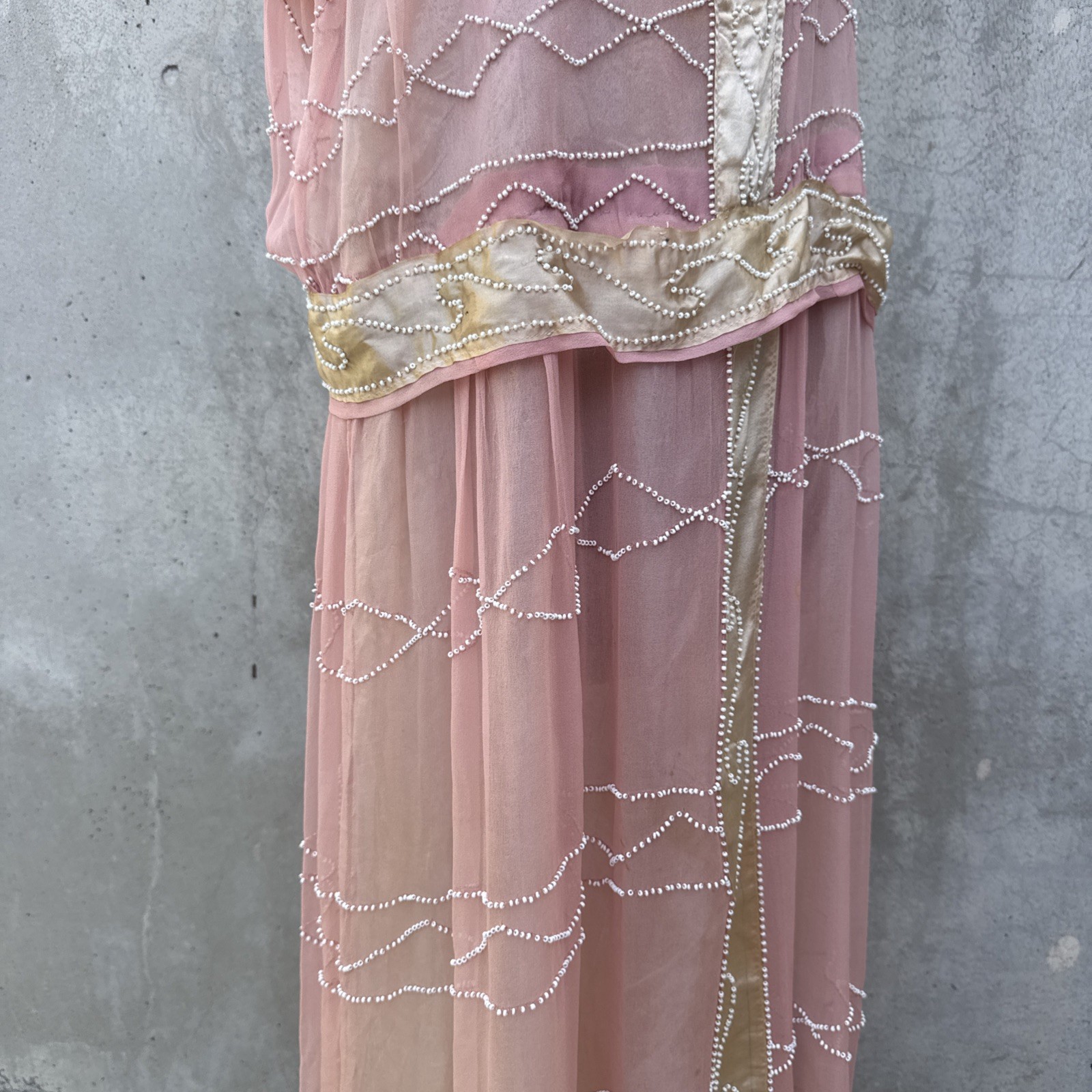 Antique 1920s Pink Silk Chiffon Dress Beaded Waves Oppenheim Collins Vintage