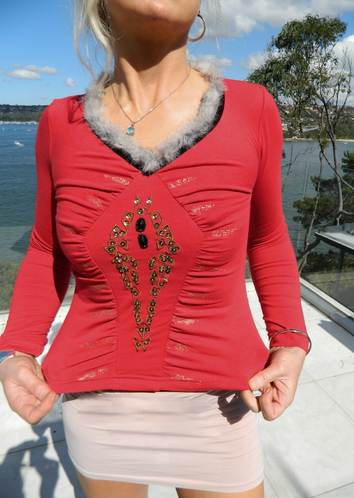 VINTAGE Blu Deise Sequined Glitz Faux Fur Neckline Body Tight Top