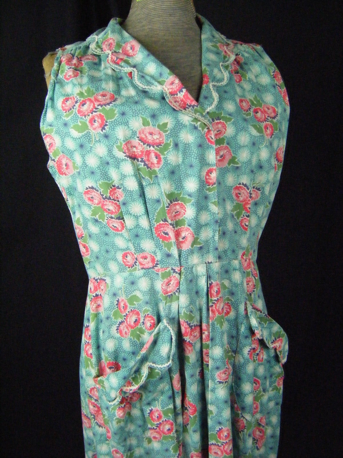Vtg 50s Handmade Blue Pink Floral Cotton House Dress-Bust 43/M