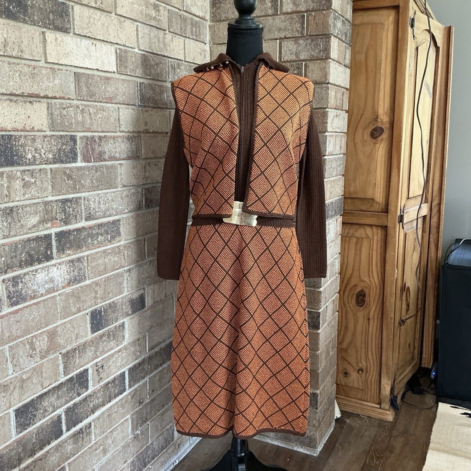 VINTAGE St John Knits Brown Orange Diamond Knit Dress Vest Belt Set Size S #22D7