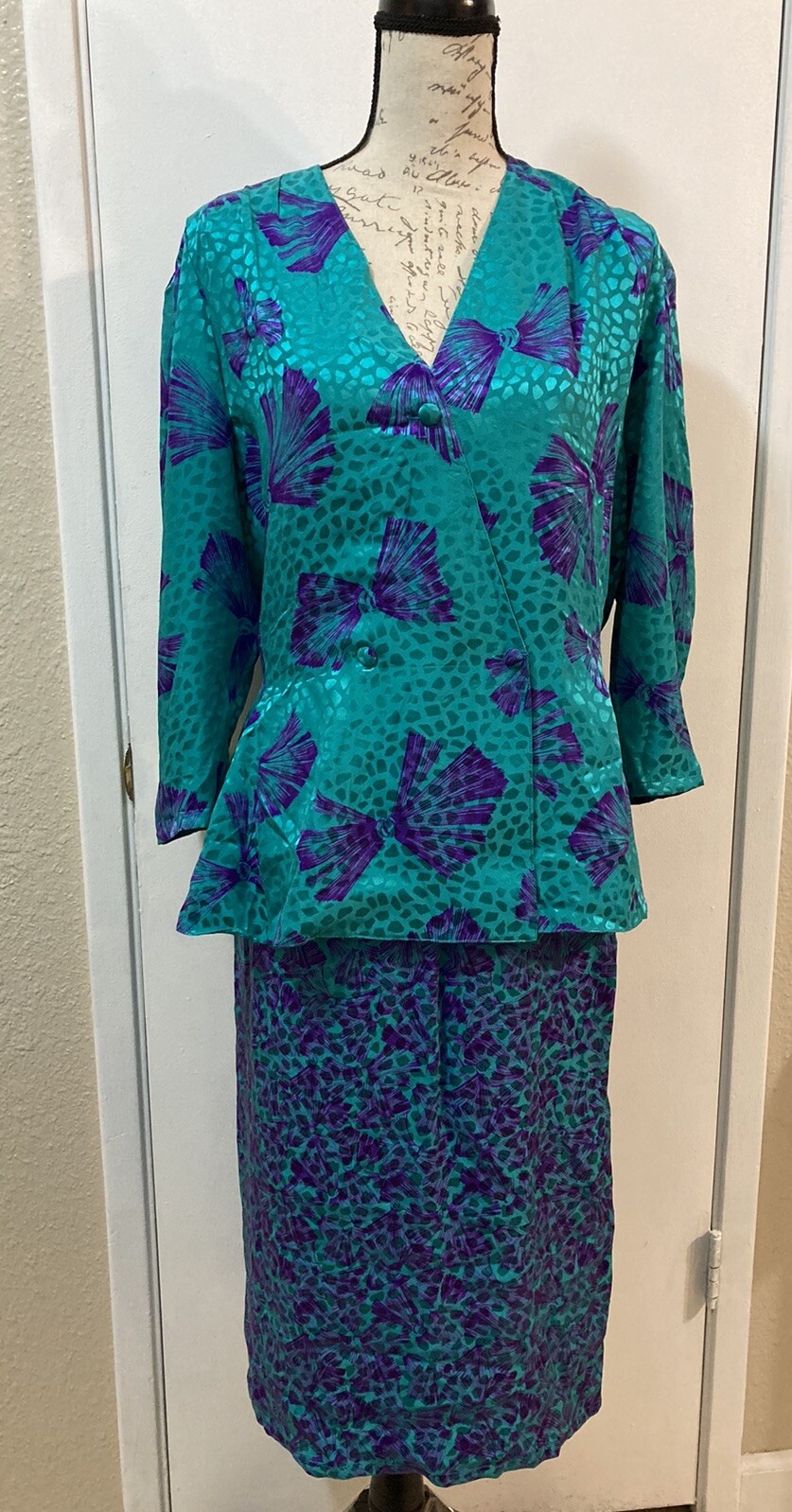 NORA NOH Asymmetric Blouse Maxi Skirt Set 100% Silk Jewel Green Purple Vtg 14