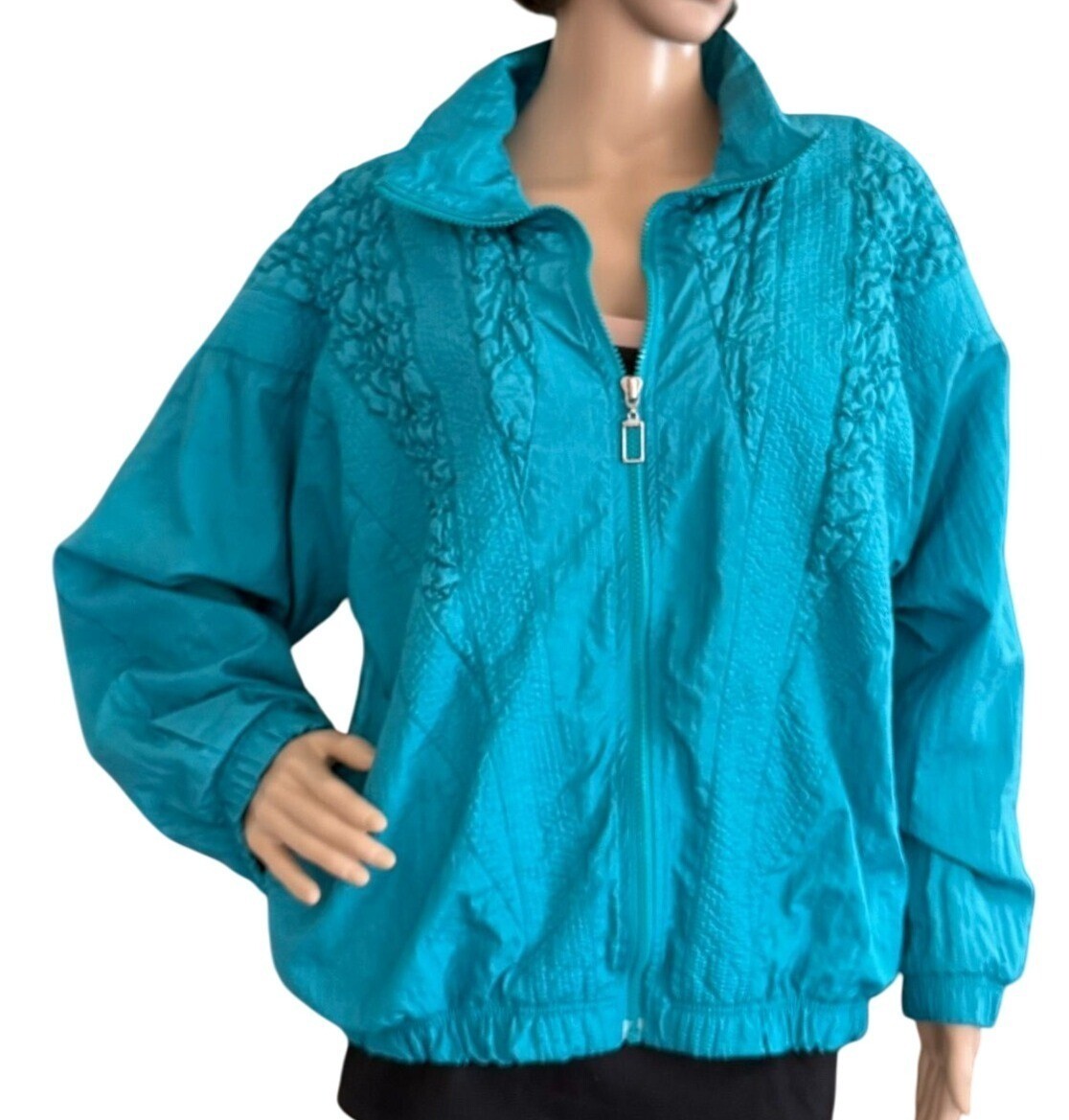 Vintage 1980s Teal Smocked Jacket Retro Sporty Chic Size L to XL