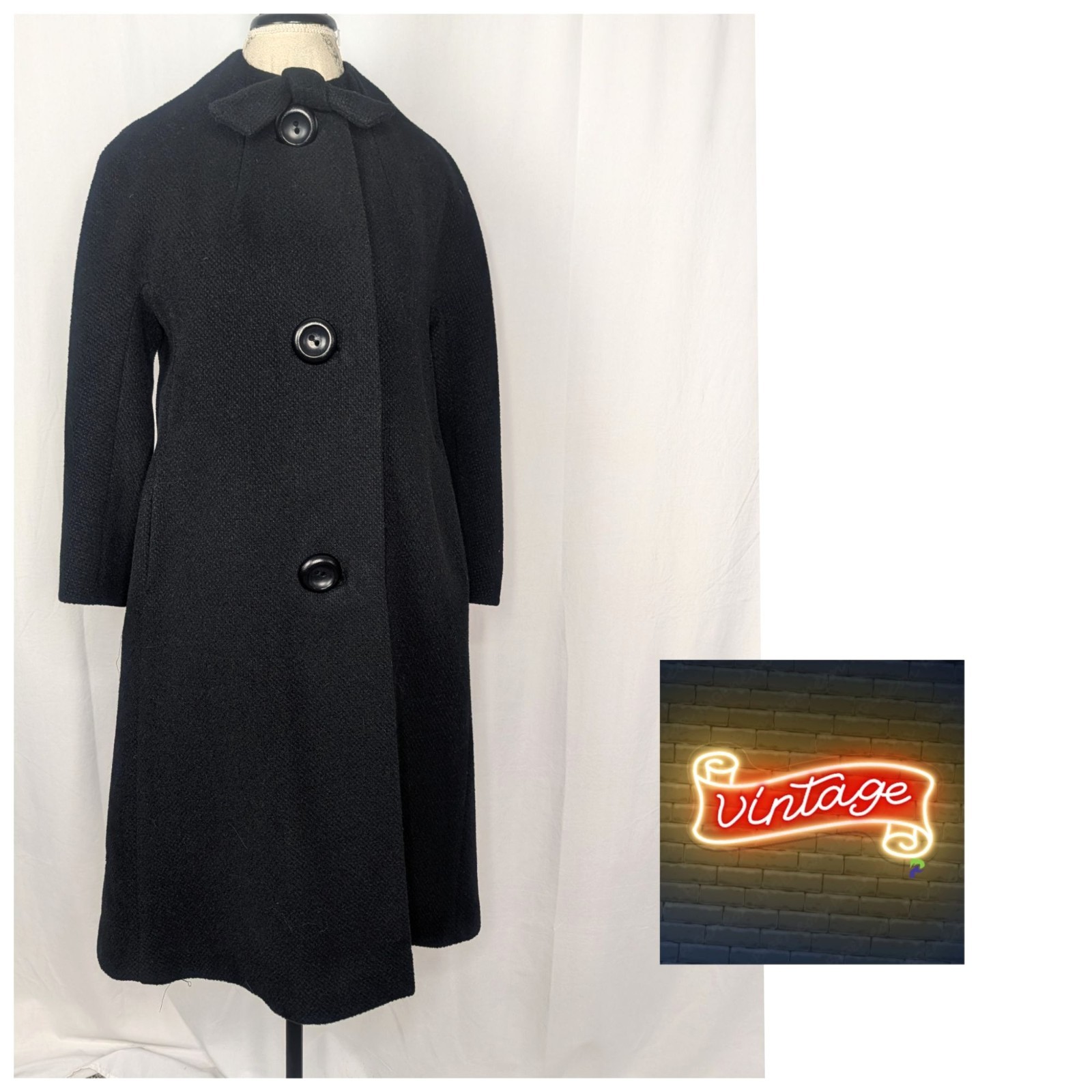 Vintage 60s Custom Juniors Black Swing Coat Medium Mid Length Wool