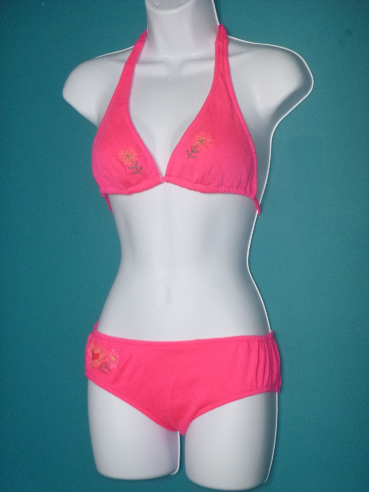 Vtg 70s Sears Jr Bazaar Hot Pink Knit Bikini Embroidered Flowers Heart Sz S