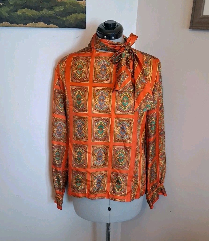 70s Paisley Blouse With Neck Tie, Retro Hippy Disco Mcm Retro Top Size 32/12