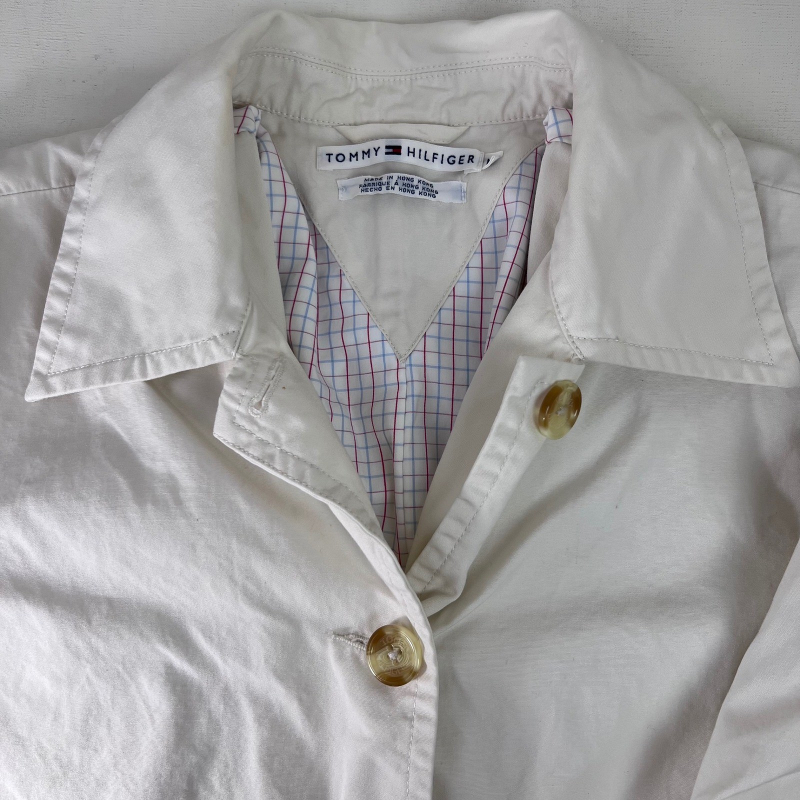 Vtg Tommy Hilfiger White Cotton Button Up Jacket Womens Medium Casual Mod Disco