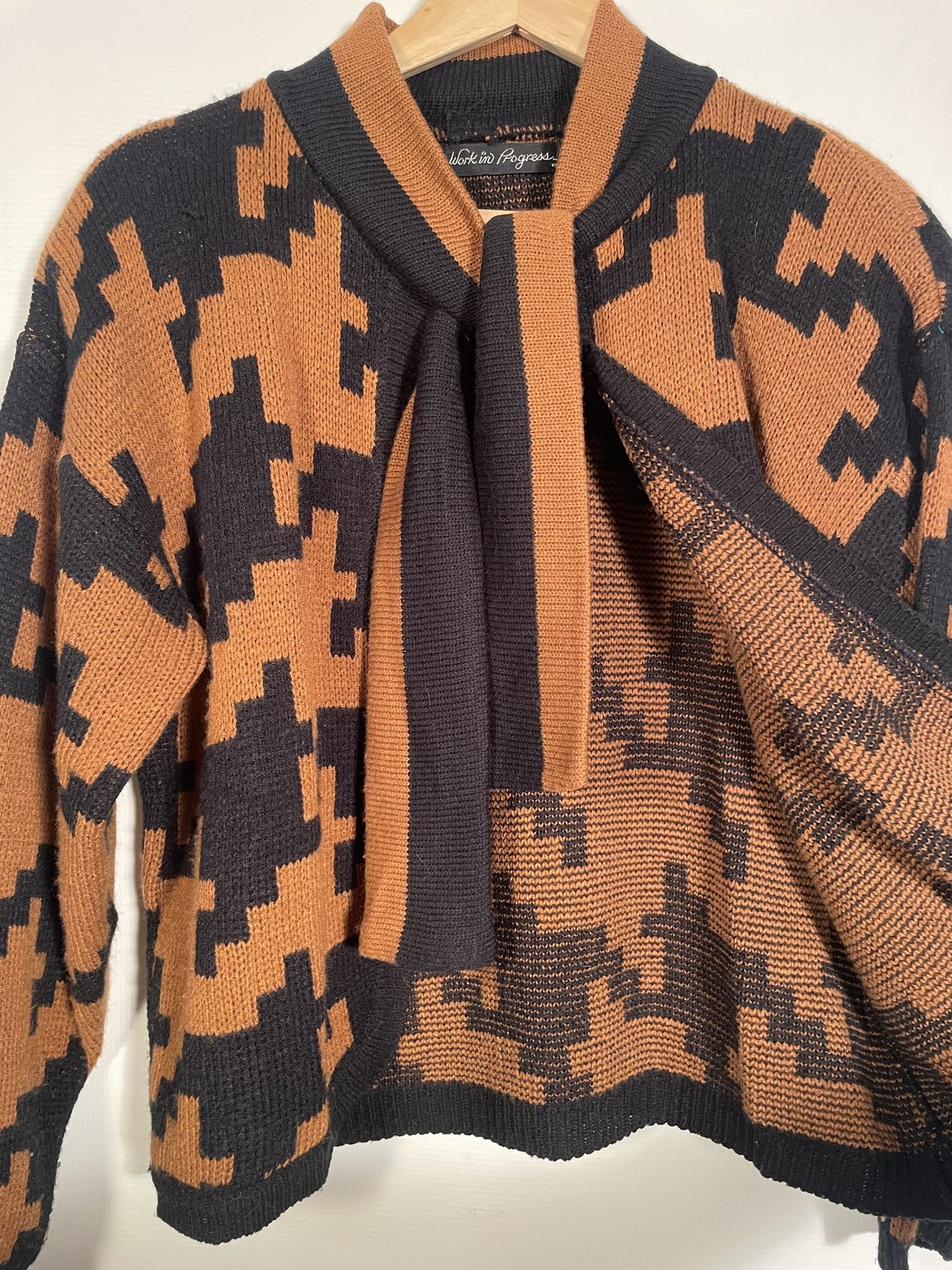 Vintage 1980s Brown Houndstooth Cardigan With Attached Collar Tie Size M