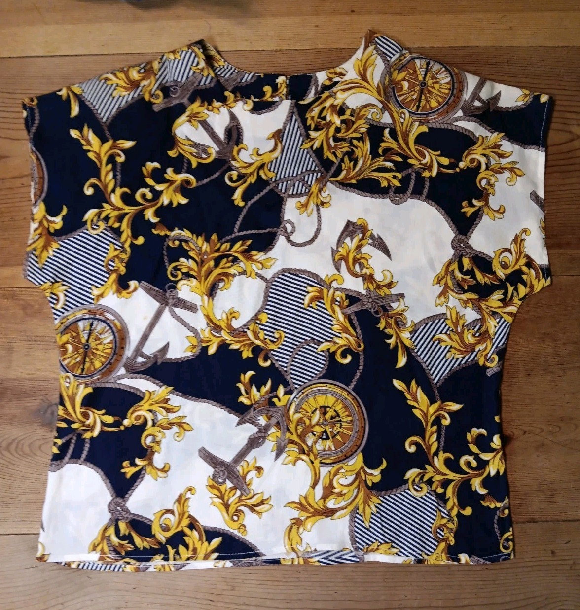 Vtg Jaclyn Smith Women 14 Blouse Nautical Ocean Marine Coastal Anchor Gold Rayon
