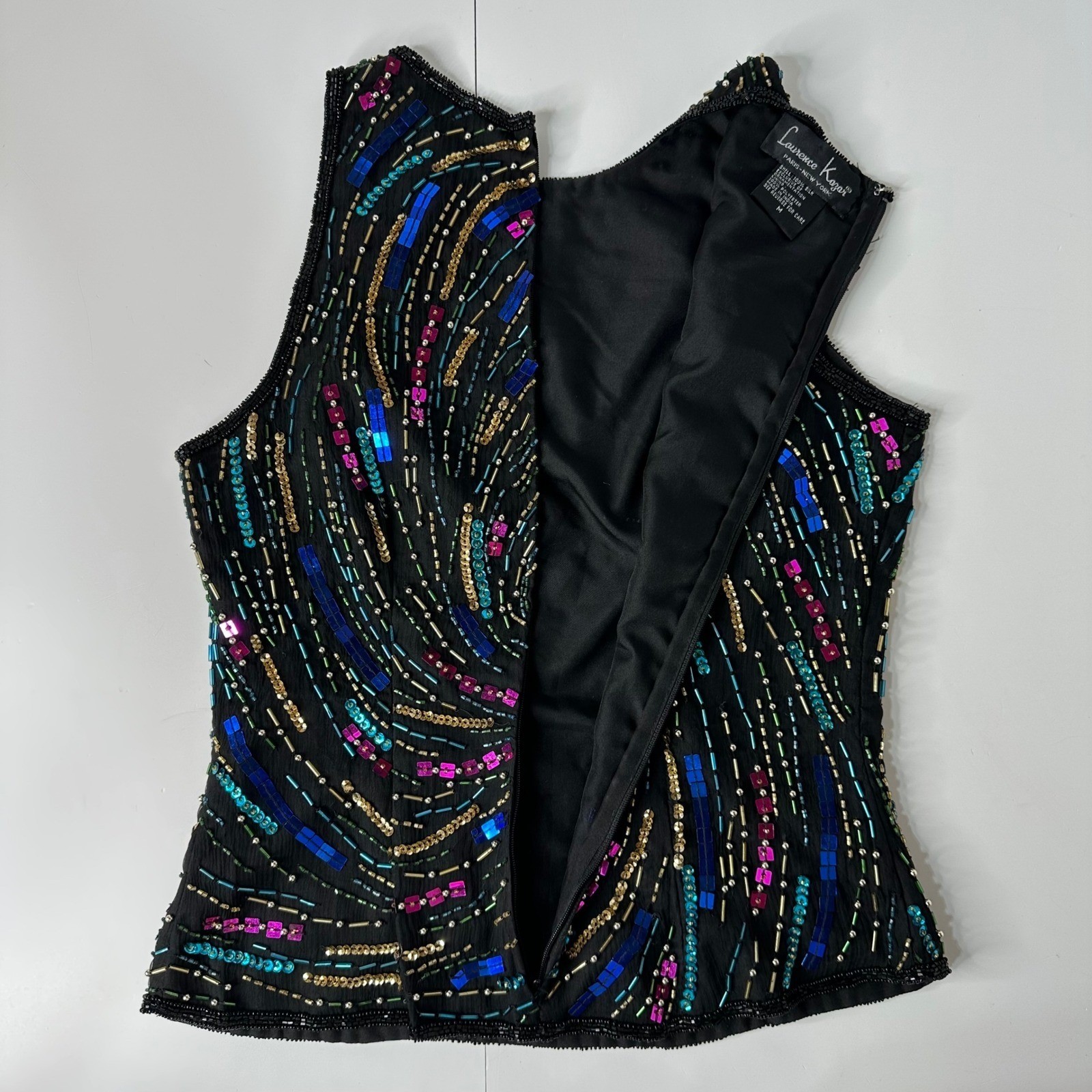 Laurence Kazar Black Silk Beaded Sequin Swirl Sleeveless Top Vintage Glam Sz M