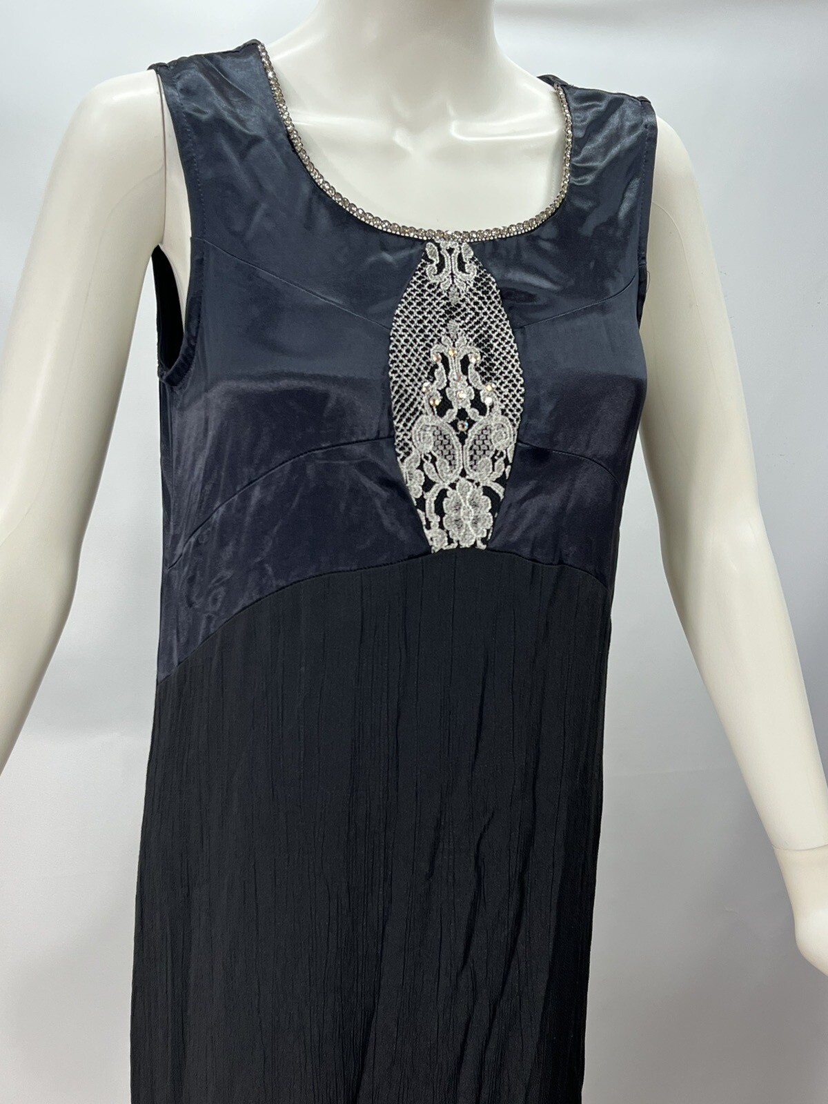Vintage Spencer Alexis SA 2 Navy Black Dress Rhinestone Accents Satin Crepe 4