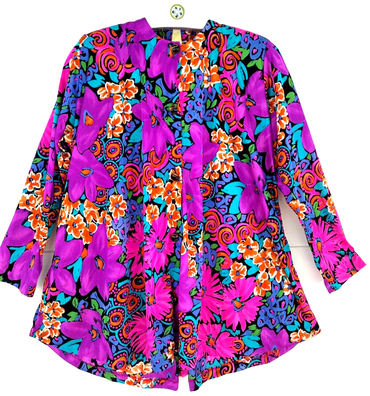 Vtg 80’s Psychedelic Floral A-line Top Sz S by De Weese Long S Cover-up Pockets