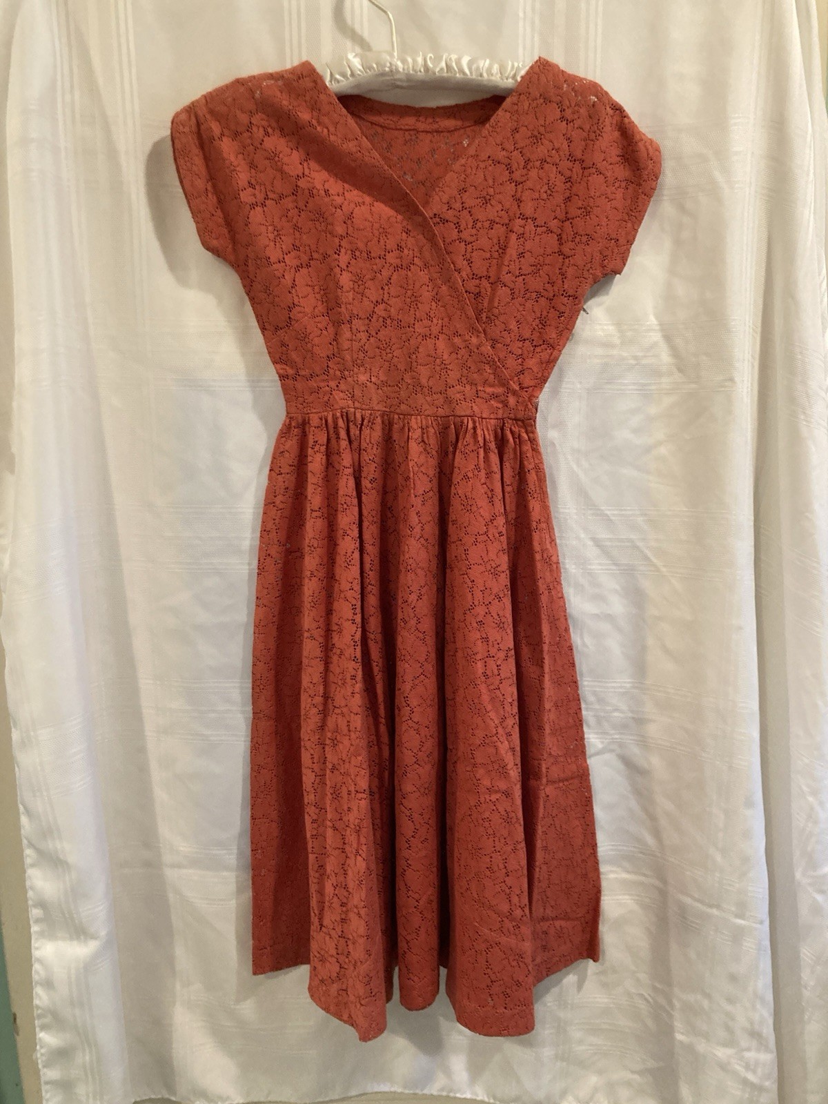 Vintage 1950’s Orange Cotton Lace Party Dress. 22” Waist 40”length Handmade