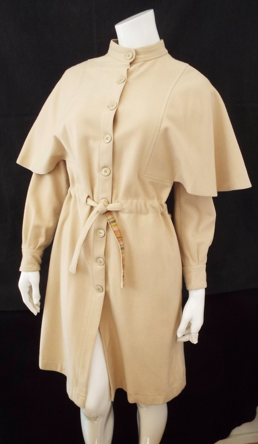 VTG 1970s KENZO JAP Beige Wool Coat Dress Size 8 Cape Pockets Sakowitz Houston