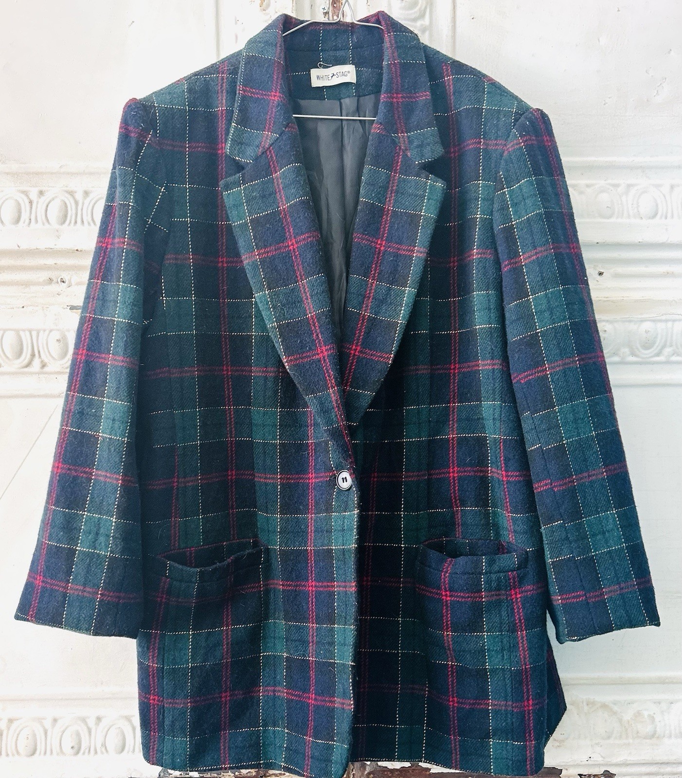 Vintage BEAUTIFUL White Stag Blue Green Gold Plaid Blazer Jacket Wool Lg