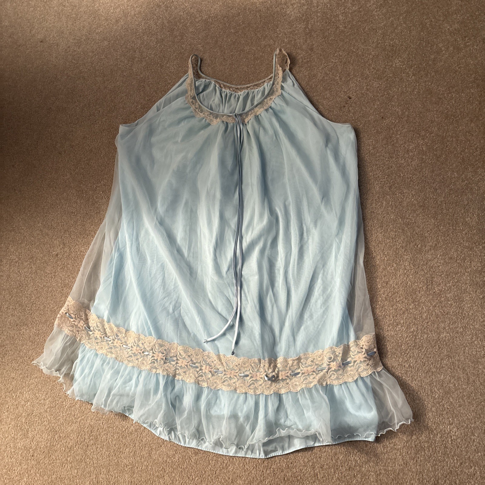 Vintage Intime Of California Nightgown Blue With Beige Lace Size X