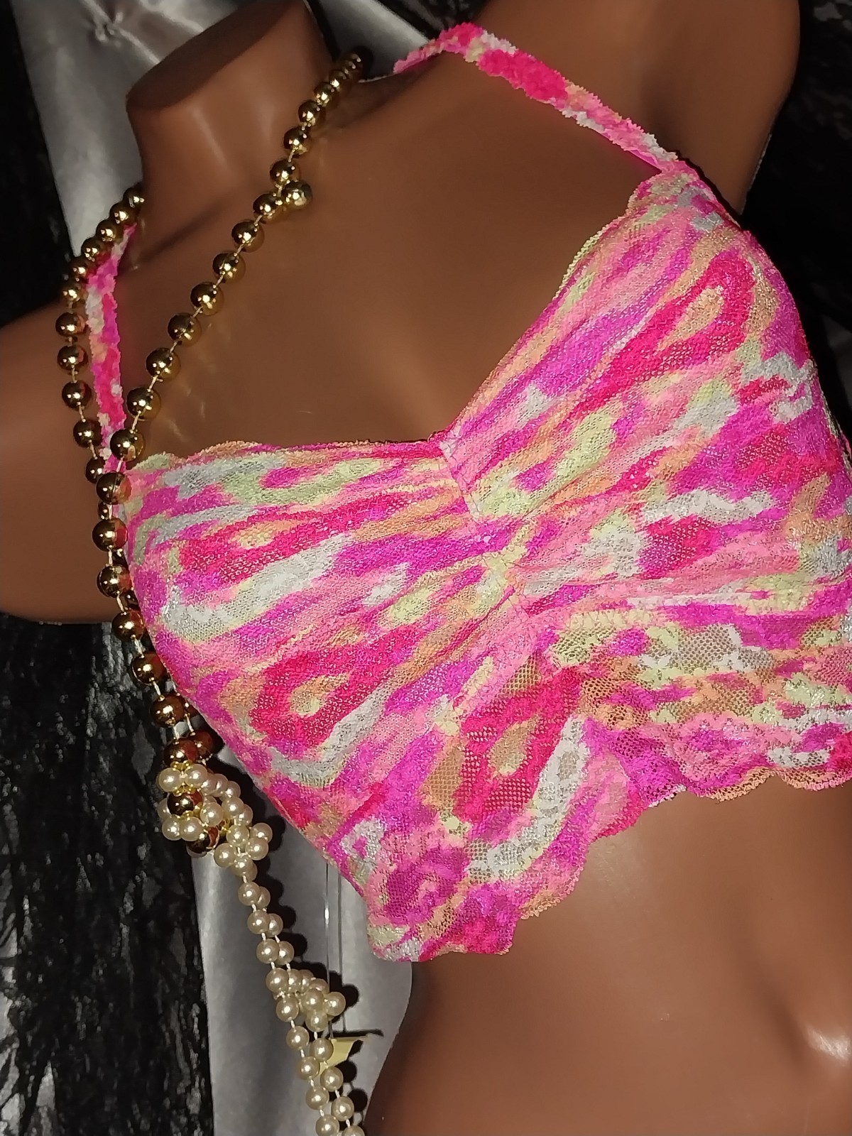 Vtg PINK VS Floral Neon Mesh Nylon Silky Rouched Bralette Lacy Bra NEW M Couette