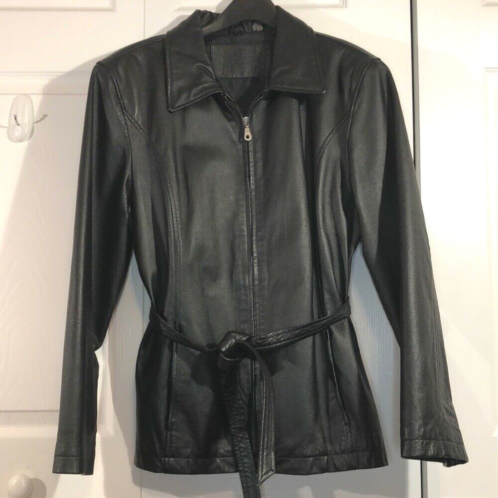 Size L Leather Jacket Vintage Jaqueline Ferrara Black Full Zip w/Waist Tie