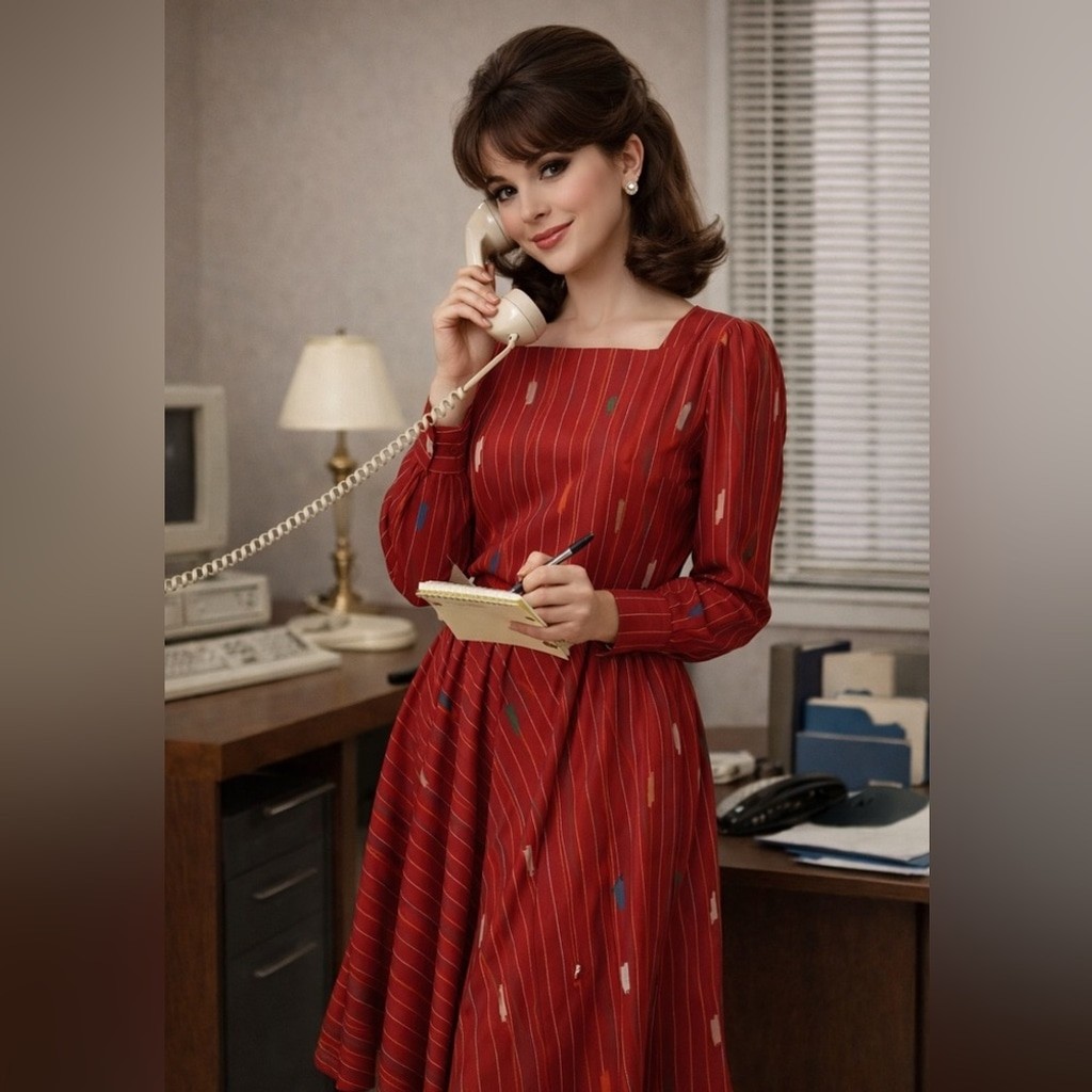Vintage Kasper Red Abstract Stripe Midi Dress 70s Long Sleeve Fit & Flare Small