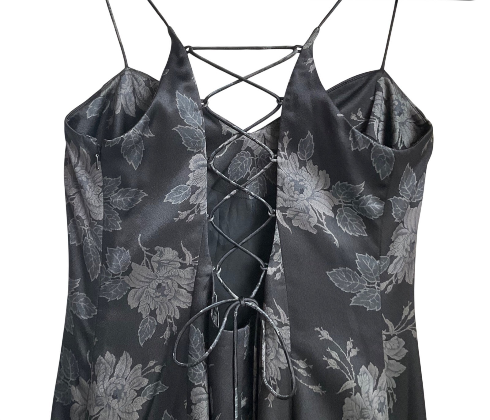 VTG Adrianna Papell Y2K Black Floral Gown Lace-Up Back Satin Formal Dress Whimsy