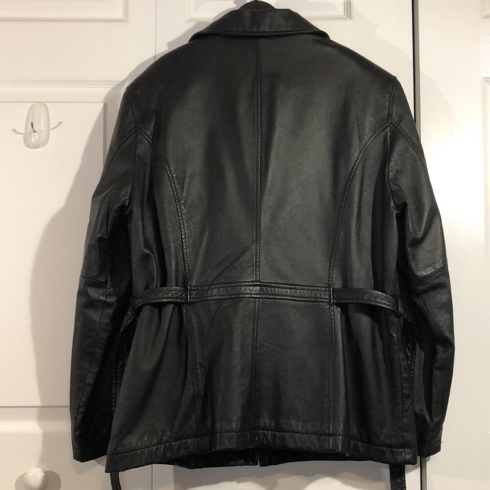 Size L Leather Jacket Vintage Jaqueline Ferrara Black Full Zip w/Waist Tie
