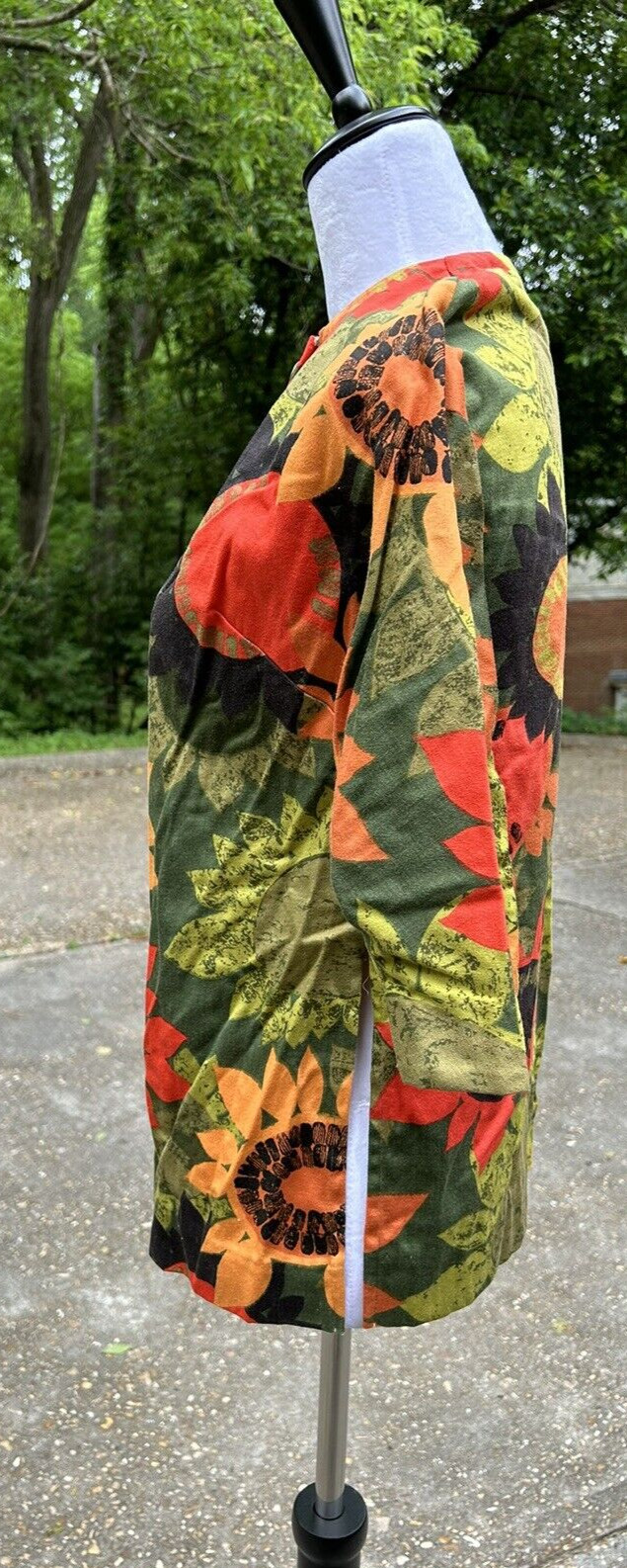 Vtg 60s Mod Floral Blouse Shirt Jacket 3/4 sleeve Sunflowers Abstract Art Boho