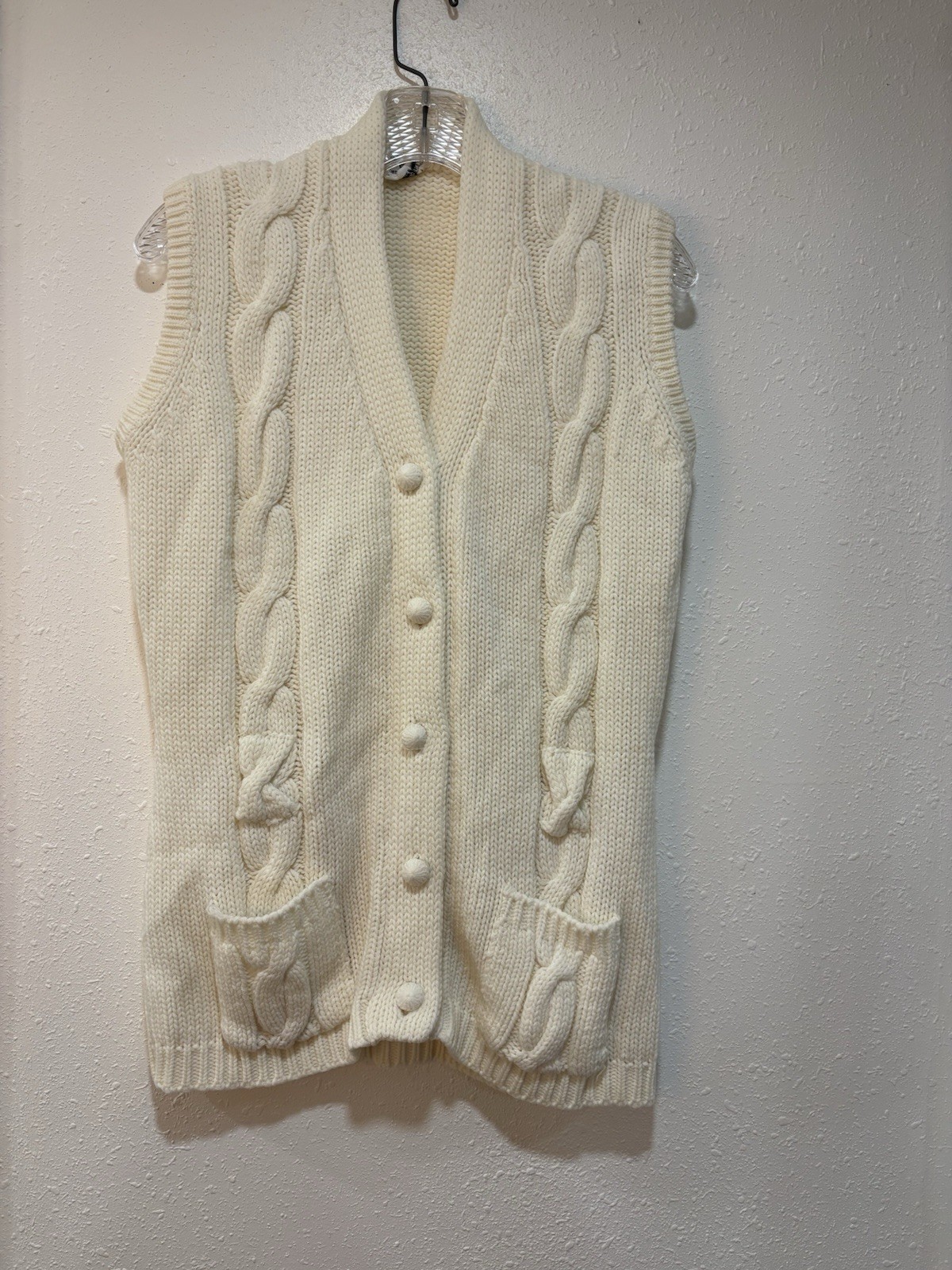 VTG Full Fashioned Loomed Ivory Knit Sweater Vest Button Up Pockets NO BELT Sz M