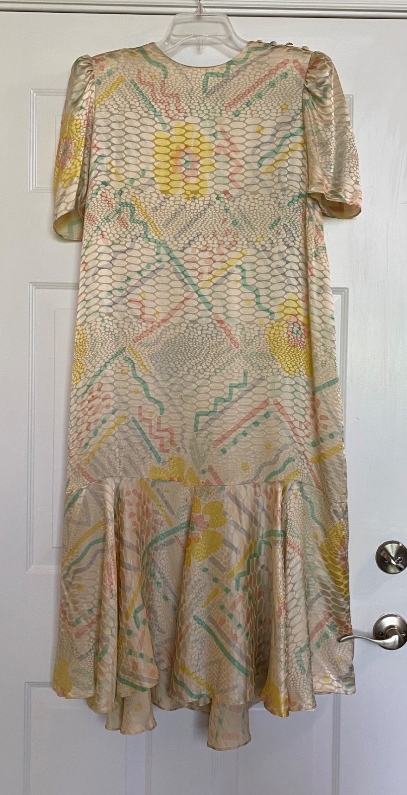 Vtg 1980’s Silk Dress L/XL Saks Fifth Avenue Trumpet Hem Puff Shoulder Pastels