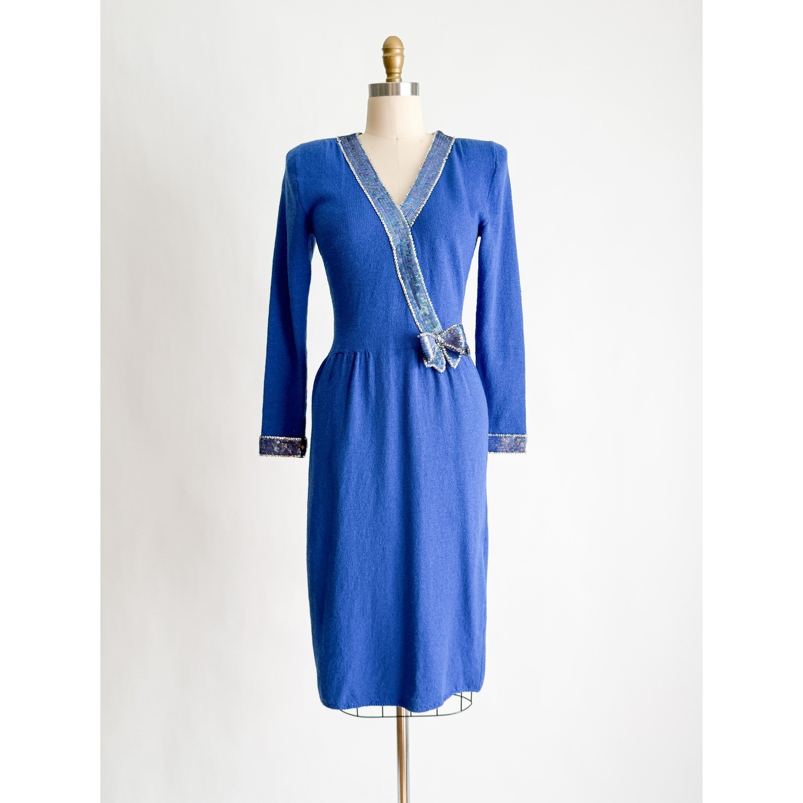 Don Sayres Wellmore Vintage Knit Dress Sequin Bow Blue Wool Blend Midi Blue S-M