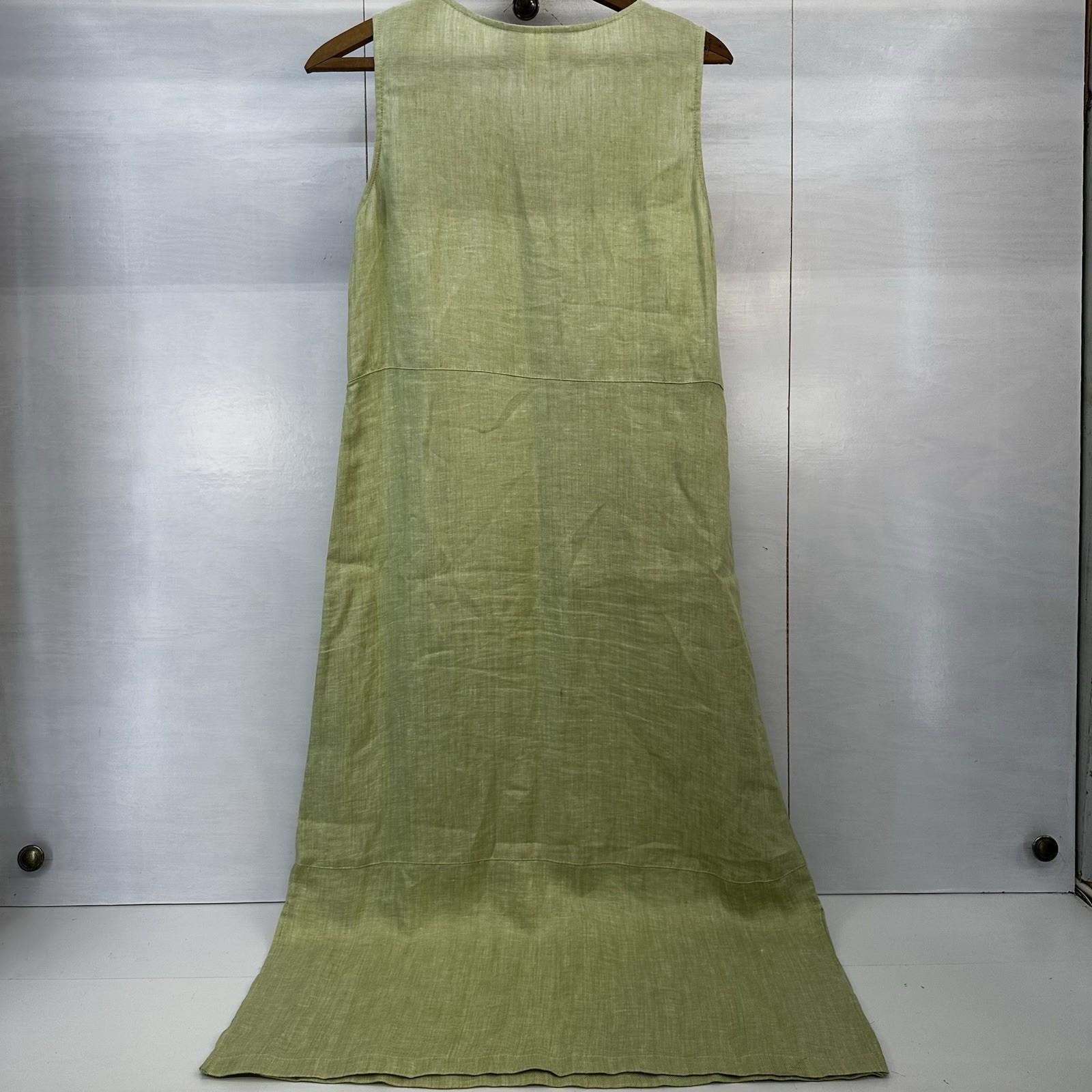 VTG CarolAnderson Linen Green Embroidered Dress USA Cottagecore Prairie M READ