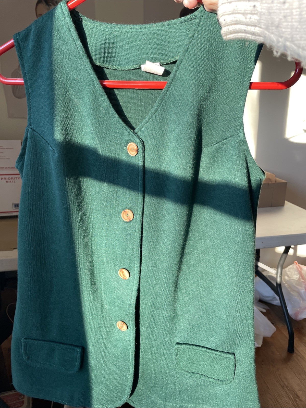 VTG Vest Women’s M Dark Green Knit Wood Buttons Boho Grannycore Peasant Academia