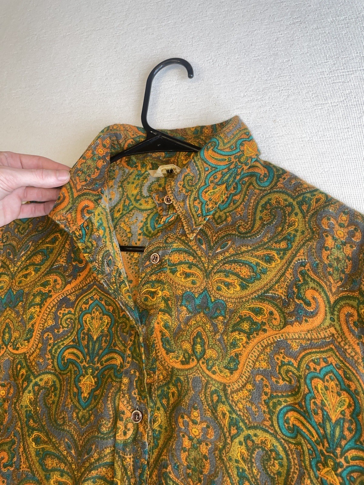 VINTAGE 50s 60s Collar Button Shirt Rockabilly Paisley Hippy Boho S Psychedelic