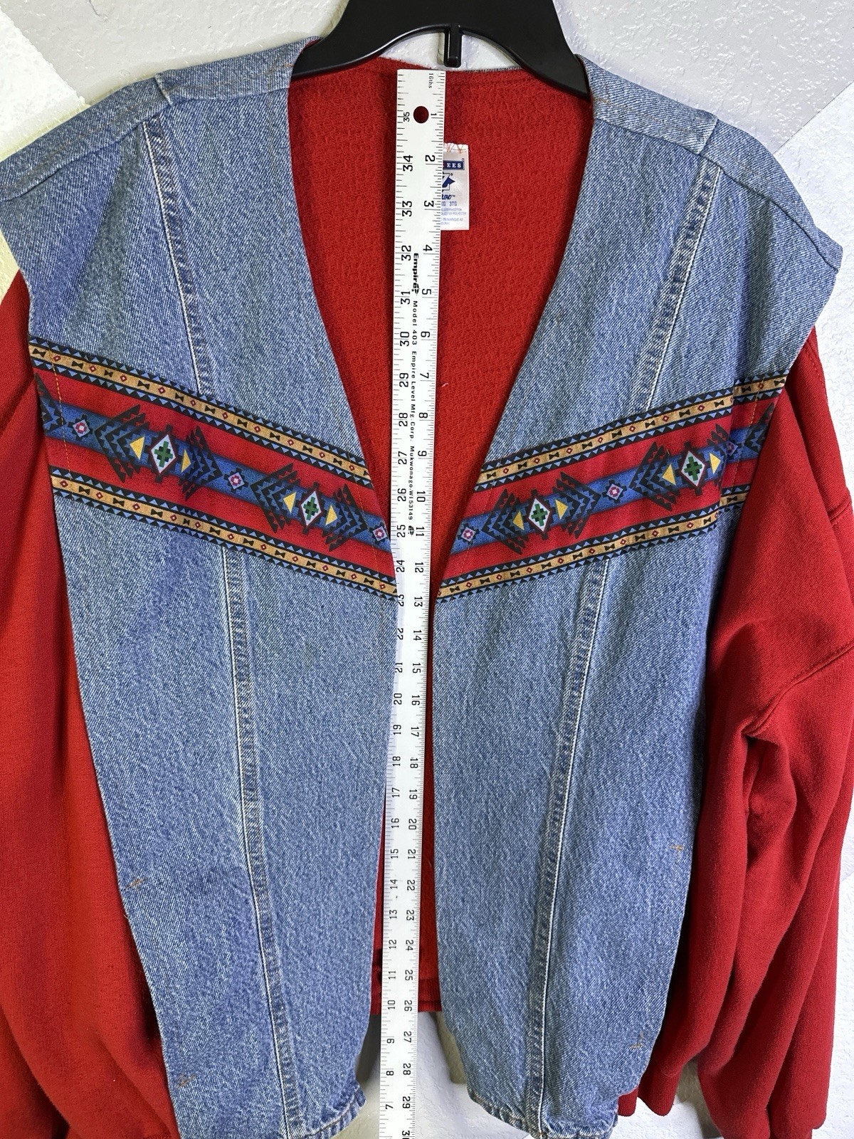 Jerzees Womens Red Denim Tribal Jacket Open Front Reworked 90s 3XL Handmade Vtg