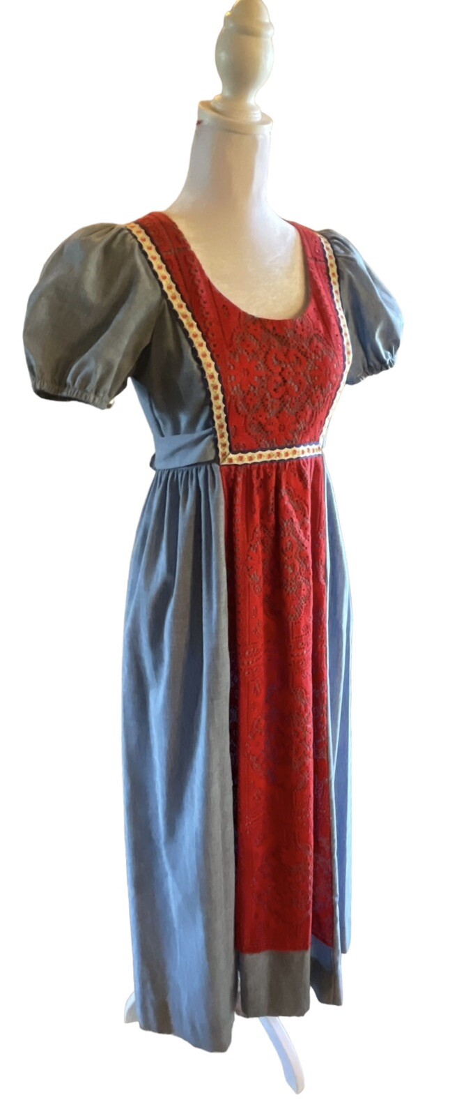 VINTAGE Joy Stevens CA boho maxi dress Blue Red Pinafore Lace Crochet Puff 3/4