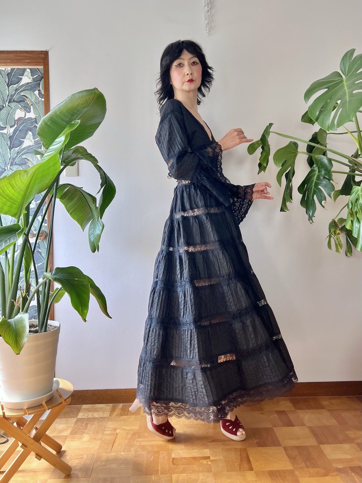 VTG 60s Mexican Wedding Dress Black Lace Pintuck Bell Sleeve Maxi S/M Boho Hippy