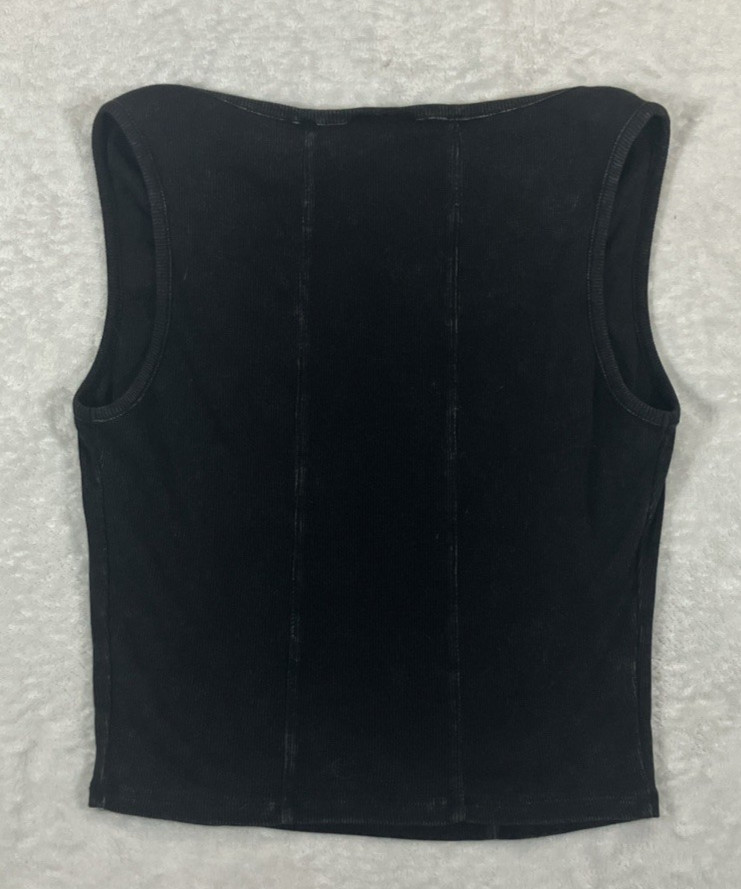 Vintage Self Esteem Y2K Corset Style Tank Top Black Punk Goth Medium Deep Plunge