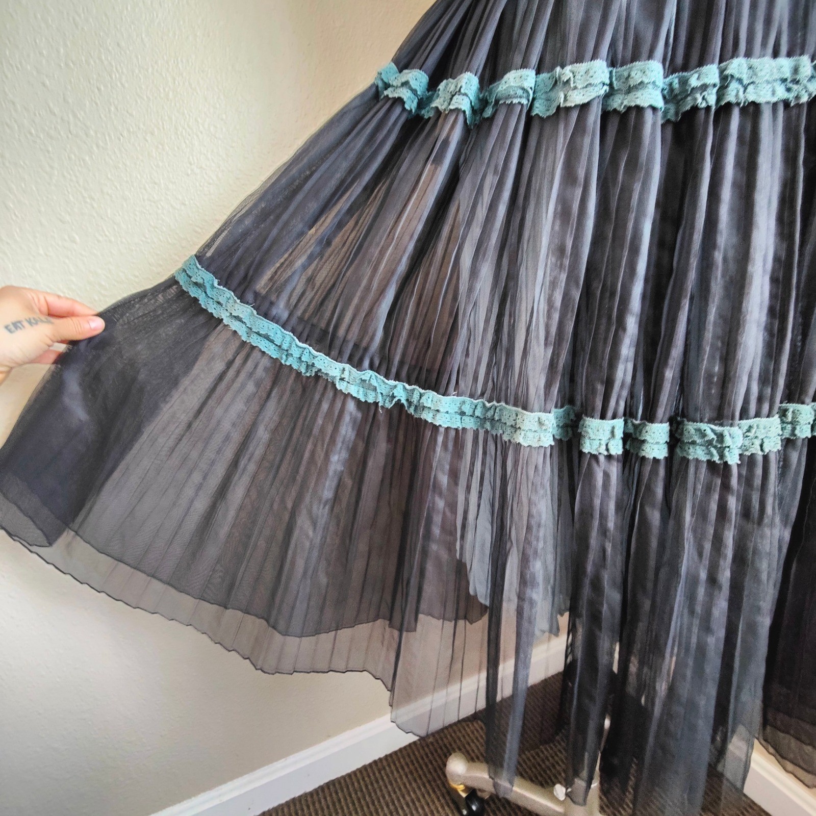 Vintage 1950s Smart Miss Illusion Lace Party Dress Pleated Tulle Midi Prom Retro