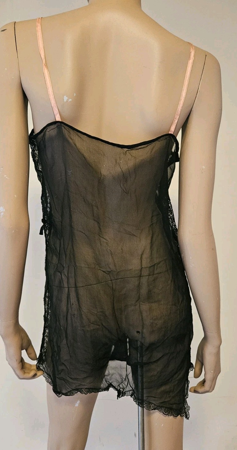 Rare Vintage 1920s Black Silk Chiffon & Lace Teddy with Pink Roses & Straps