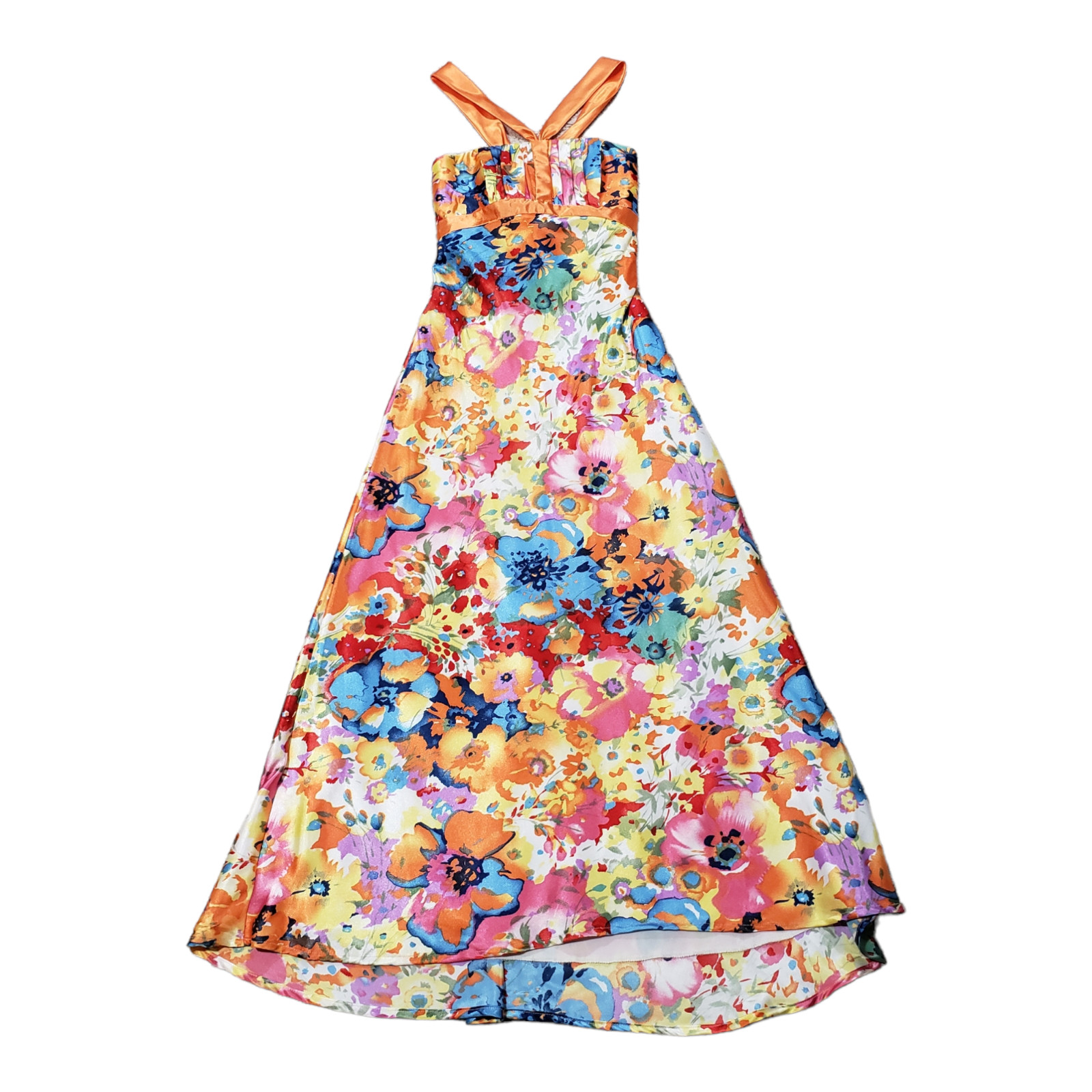 VTG Gunne Sax Maxi Floor Length Dress Juniors 1 Orange Multi Floral Corset Back