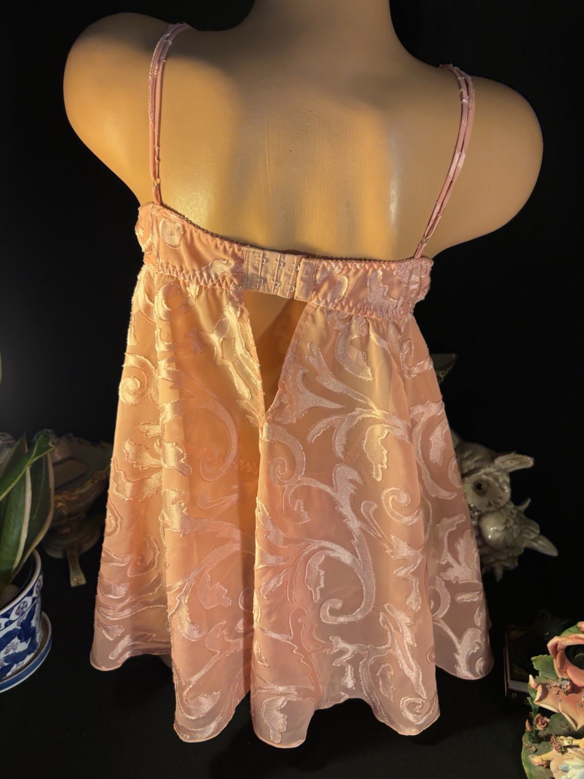 Vtg Satin Soft Burnout Nightie Thong Panties VS Babydoll Damask Sheer Gown Set S