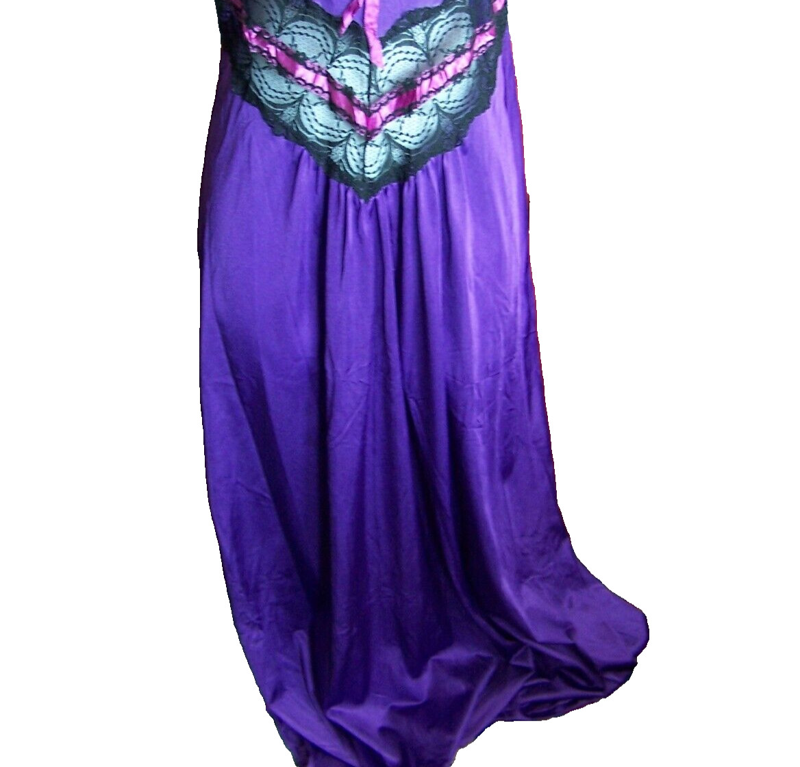 Vtg Nightgown Large 30s 40s Nylon Purple & Black Lace Honeymoon Bride READ