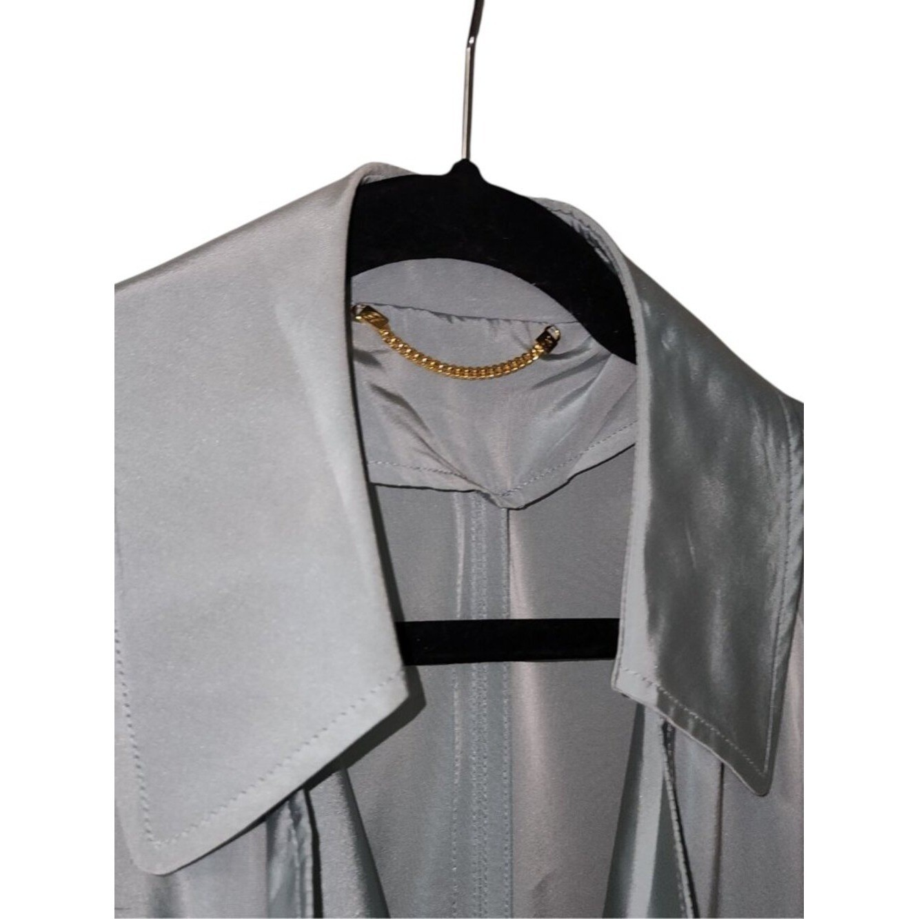 Vintage Silvery Blue Satin Trench Coat Women’s Lightweight Belted Duster Jacket